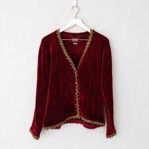 Vintage Sweater Sweater Burgundy Chenille Beaded Cardigan XL